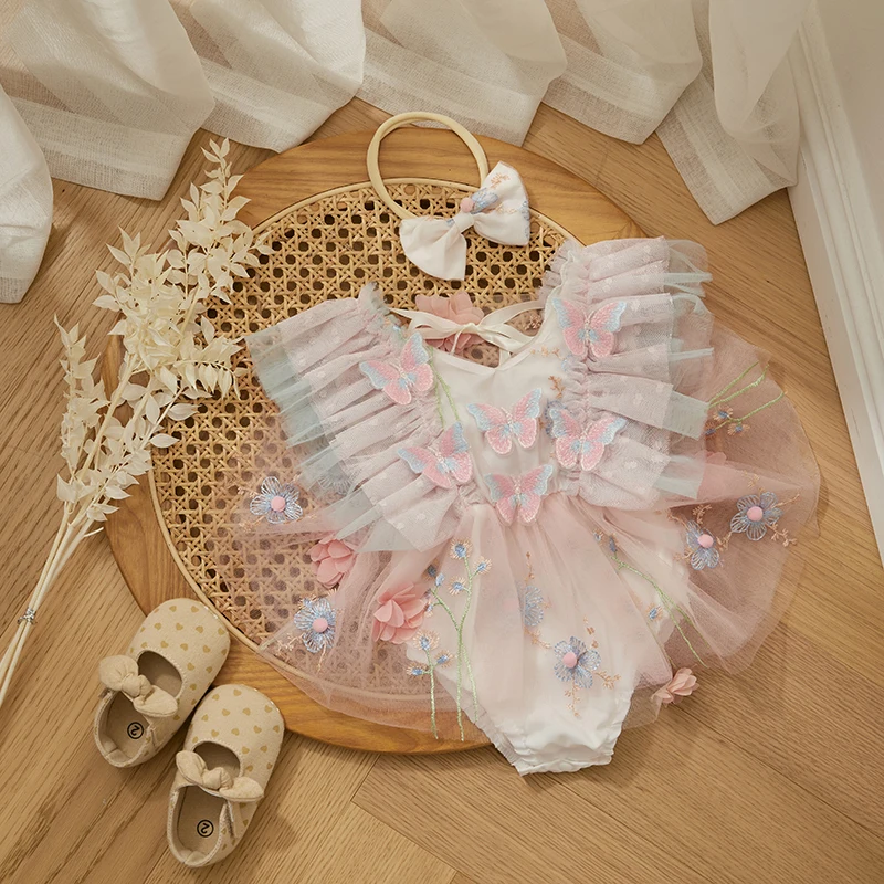Princess Mesh Sheer Baby Girls Romper Summer Kids Party Clothes For Girls Butterfly Flower Embroidery Fly Sleeve Dress Headband thumbnail 2