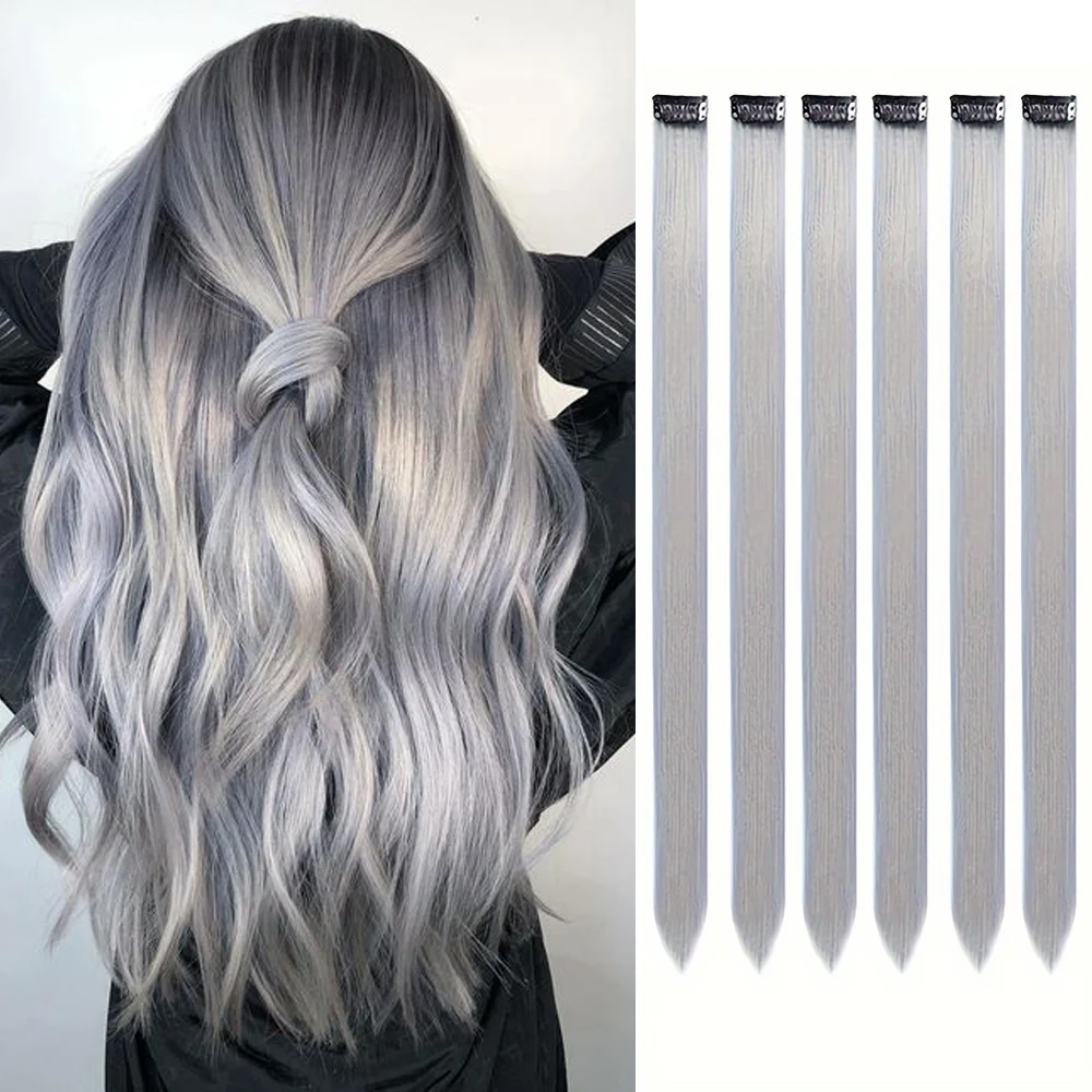 6pcs/pack Clip in Hair Extensions Colored Party Highlights for Girls 22 inches Multi-colors Straight Hair Synthetic Hairpieces