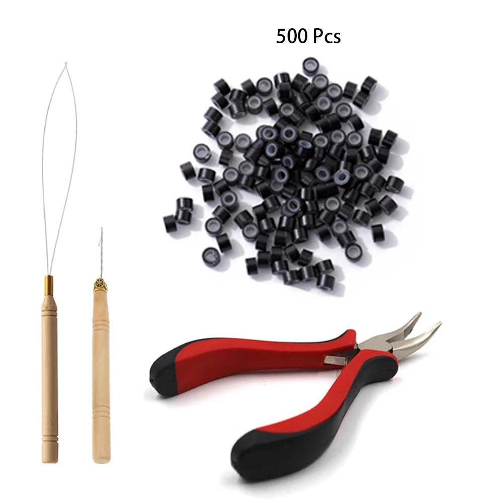 Hair Extensions Tools Kit 500 Pcs Black Dark Brown Light Brown Gold Micro Ring Beads 1 Micro Beads Plier 1 Hook Needle Pulling thumbnail 4