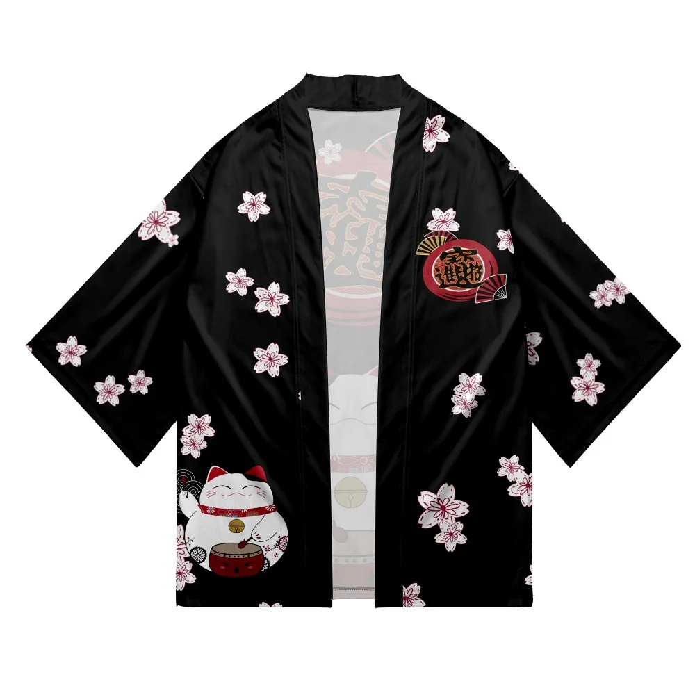 Japanese Sakura Cat Samurai Printed Kimono for Men Women, Haori Cardigan, Traditional Costume, Loose Short Sleeve Cloak, S-3XL thumbnail 4