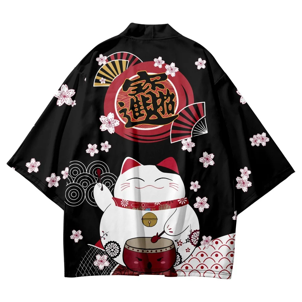 Japanese Sakura Cat Samurai Printed Kimono for Men Women, Haori Cardigan, Traditional Costume, Loose Short Sleeve Cloak, S-3XL thumbnail 5