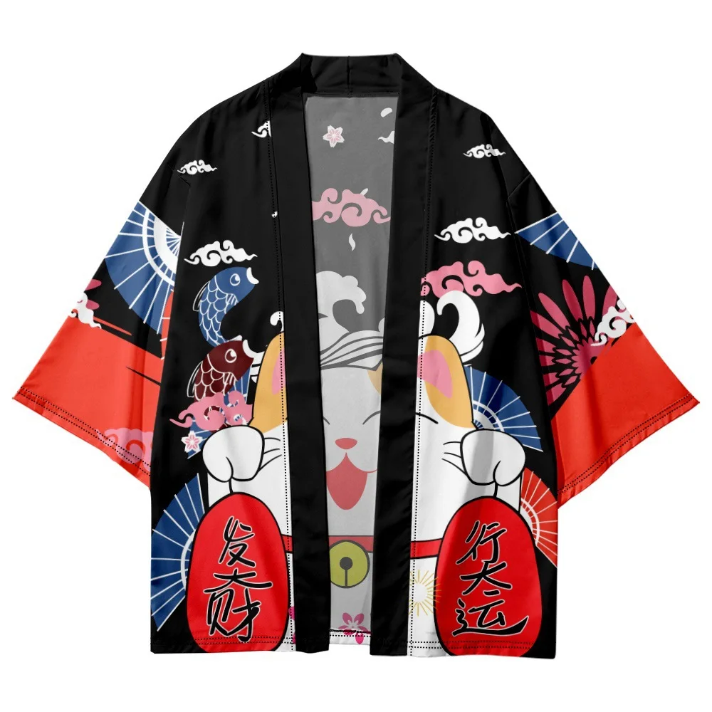 Japanese Sakura Cat Samurai Printed Kimono for Men Women, Haori Cardigan, Traditional Costume, Loose Short Sleeve Cloak, S-3XL thumbnail 2