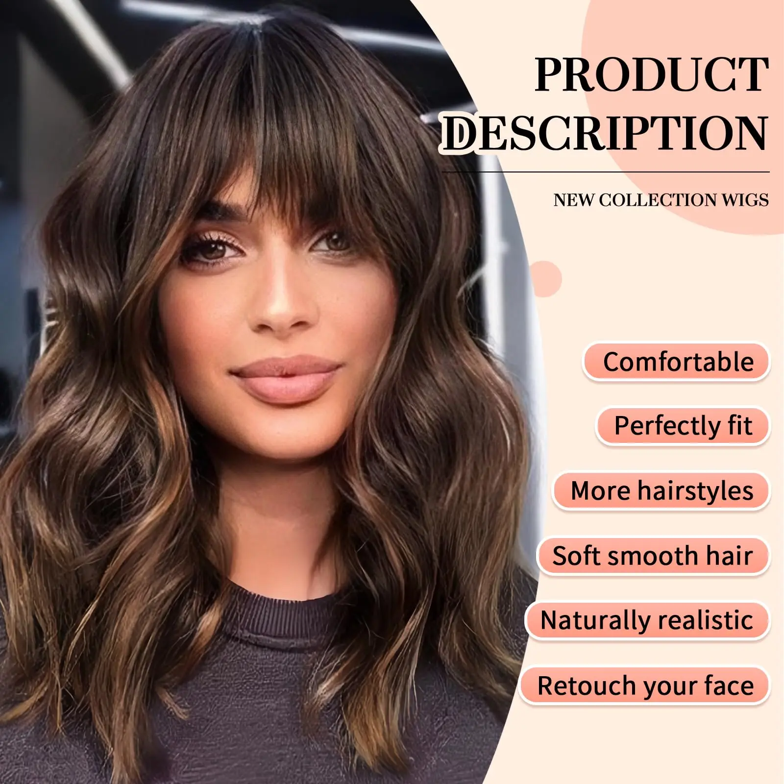 Short Brown Highlight Wigs With Bangs Natural Wavy Hair Wigs For White Women Heat Resistant Synthetic Bob Wig Shoulder Length thumbnail 2