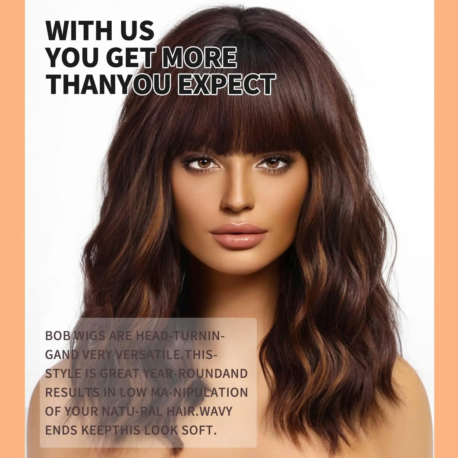 Short Brown Highlight Wigs With Bangs Natural Wavy Hair Wigs For White Women Heat Resistant Synthetic Bob Wig Shoulder Length thumbnail 6