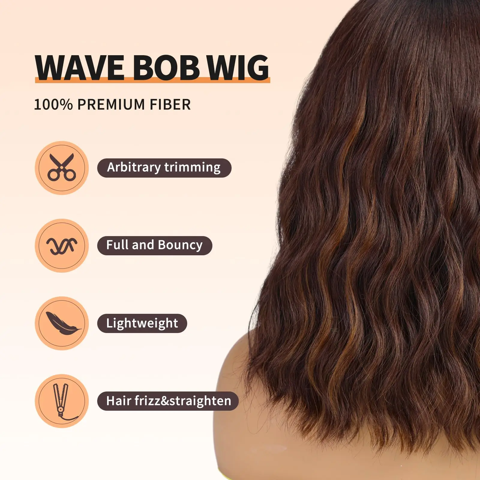 Short Brown Highlight Wigs With Bangs Natural Wavy Hair Wigs For White Women Heat Resistant Synthetic Bob Wig Shoulder Length thumbnail 4