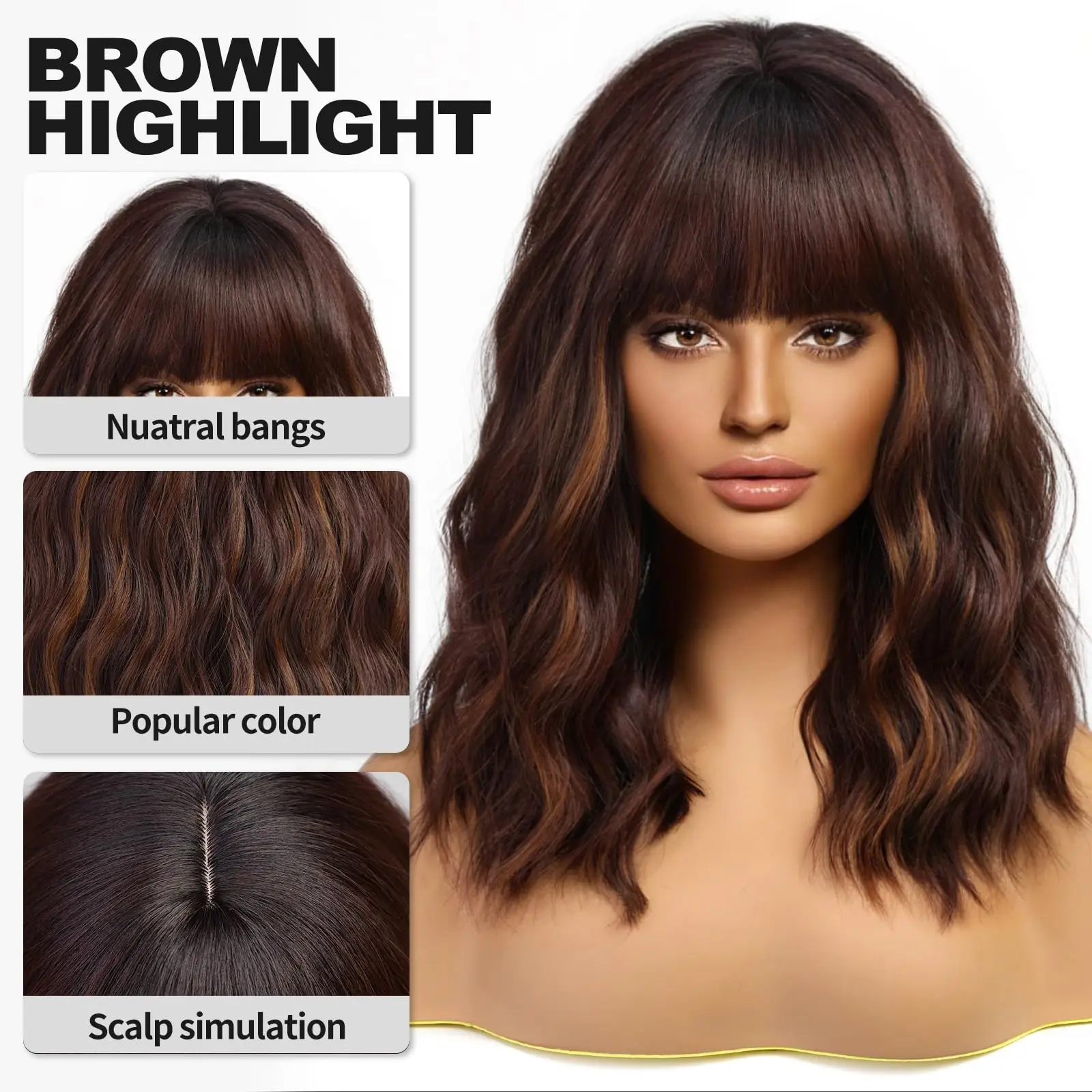 Short Brown Highlight Wigs With Bangs Natural Wavy Hair Wigs For White Women Heat Resistant Synthetic Bob Wig Shoulder Length thumbnail 3