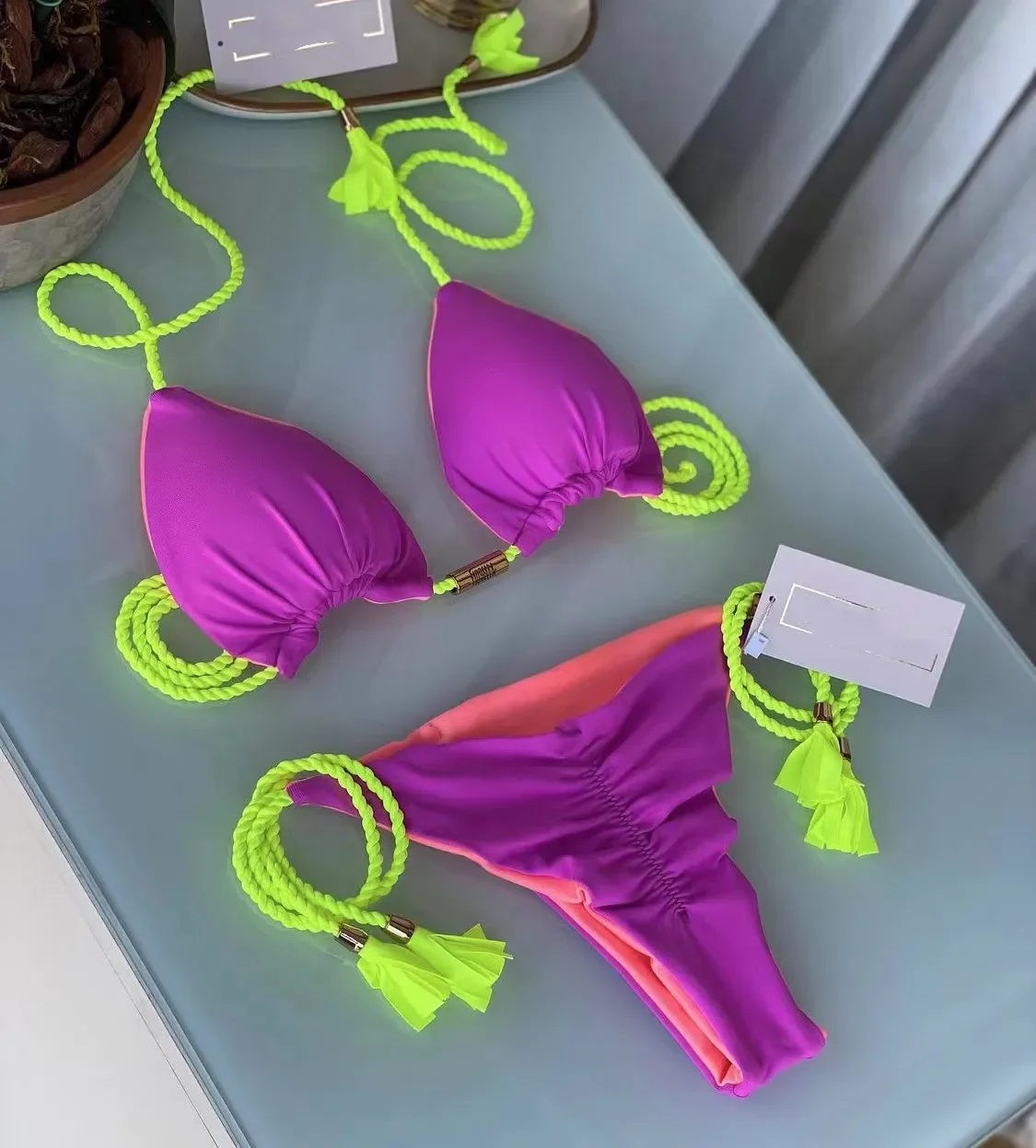 New Women Bikini Backless Rope Triangle Swimsuit Multicolor thumbnail 3