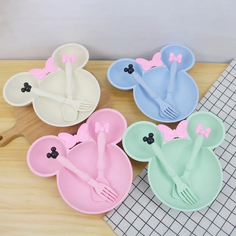 3Pcs Baby Training Bowl Spoon Fork Children Cartoon Tableware Set Wheat Straw Bowl Baby Dinner Plate Kids Dishes Baby Kids Plate