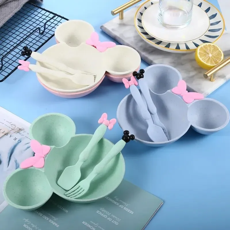 3Pcs Baby Training Bowl Spoon Fork Children Cartoon Tableware Set Wheat Straw Bowl Baby Dinner Plate Kids Dishes Baby Kids Plate thumbnail 2