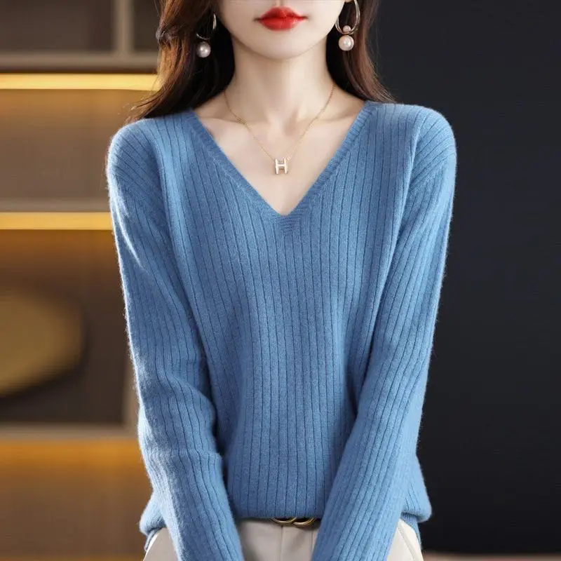 Chic Casual Autumn Winter Basic Sweater Pullovers Women V-neck Solid Knit Loose Pullover Female Long Sleeve Warm Khaki Sweater thumbnail 2