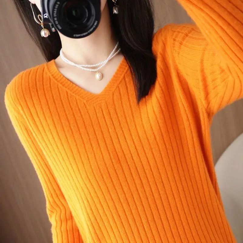 Chic Casual Autumn Winter Basic Sweater Pullovers Women V-neck Solid Knit Loose Pullover Female Long Sleeve Warm Khaki Sweater thumbnail 4