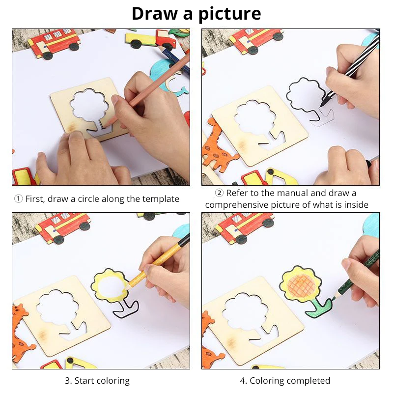 42pcs Wooden DIY Drawing Template Templates With Markes, Children's Drawing Template Drawing Tool Set thumbnail 5