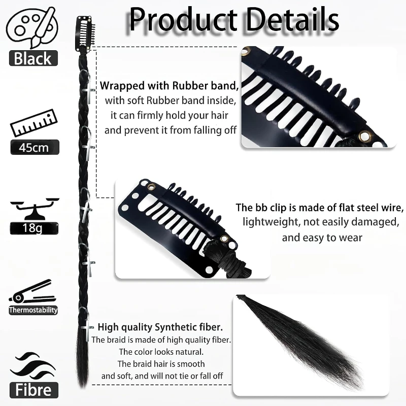 2pcs/pair Long Front Side Curtain Bang Clip in Hair Extensions Braids Straight Sleek Natural Soft Synthetic for Women thumbnail 5