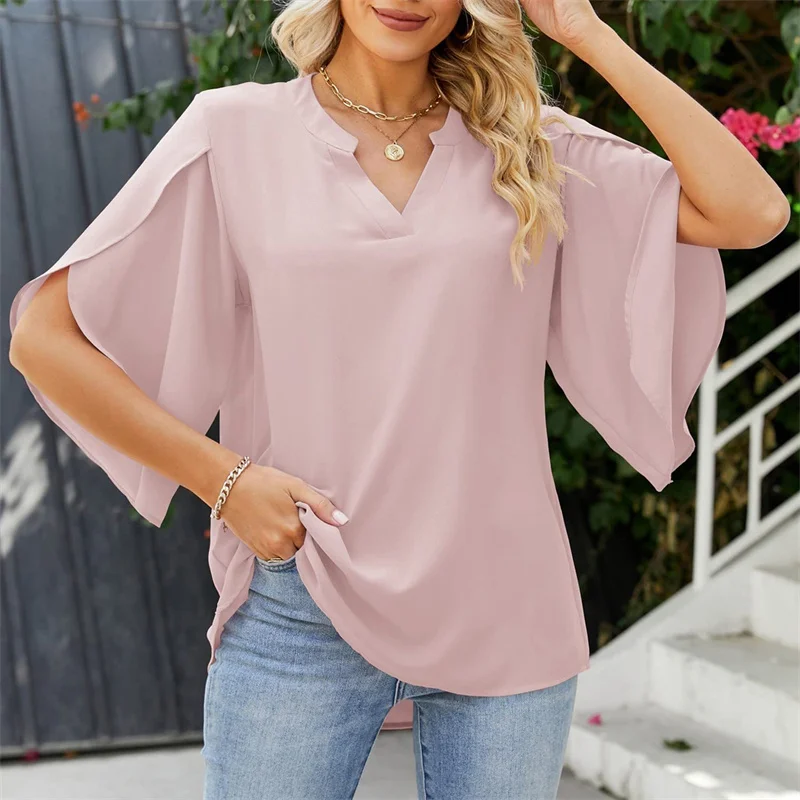 Women Summer Style Chiffon Blouses Shirts Lady Casual Short Flare Sleeve V-Neck Loose Blouse Tops thumbnail 2