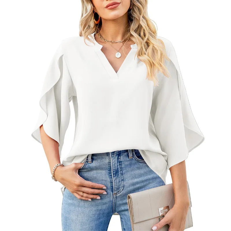 Women Summer Style Chiffon Blouses Shirts Lady Casual Short Flare Sleeve V-Neck Loose Blouse Tops thumbnail 5