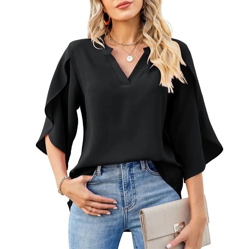 Women Summer Style Chiffon Blouses Shirts Lady Casual Short Flare Sleeve V-Neck Loose Blouse Tops thumbnail 3