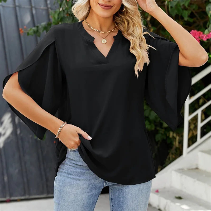 Women Summer Style Chiffon Blouses Shirts Lady Casual Short Flare Sleeve V-Neck Loose Blouse Tops thumbnail 4