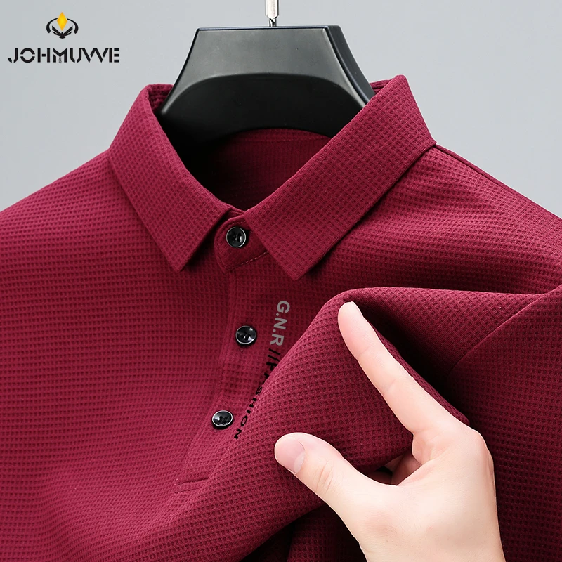 Men's Waffle Long Sleeved POLO Shirt with Letter Printed Lapel Casual Top thumbnail 4