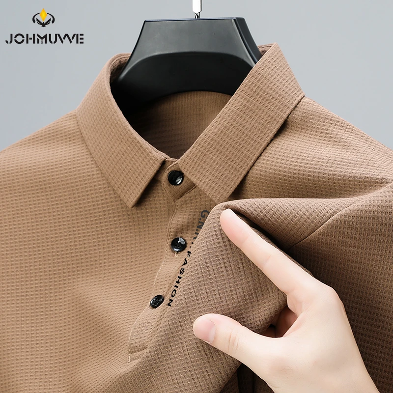 Men's Waffle Long Sleeved POLO Shirt with Letter Printed Lapel Casual Top thumbnail 2