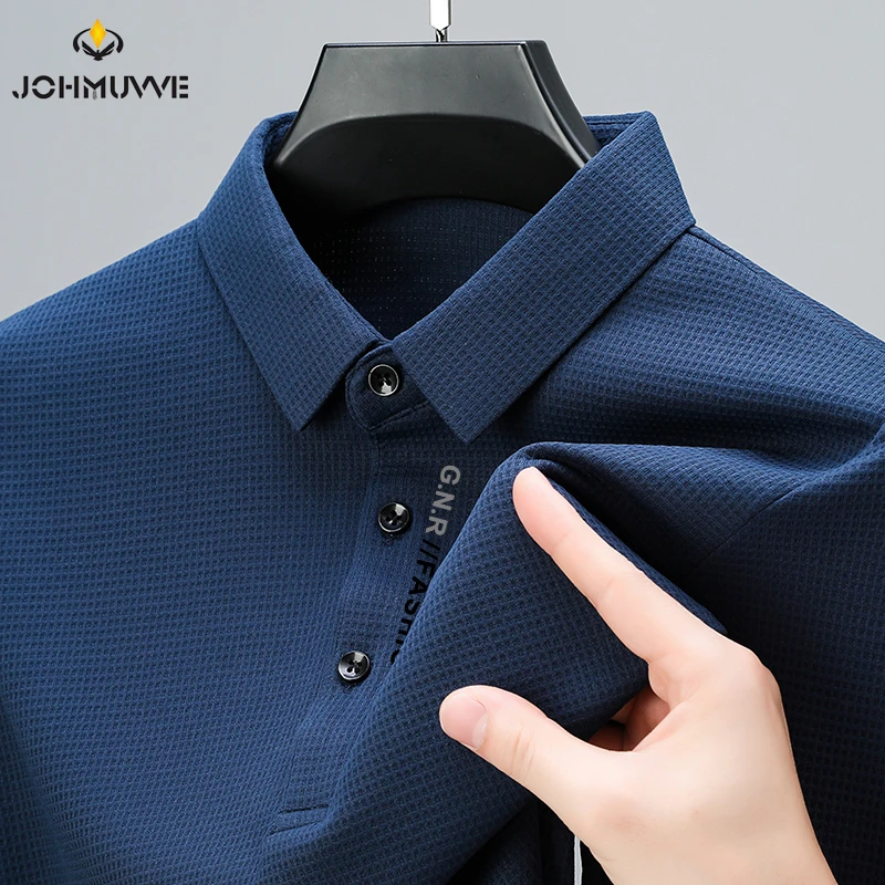 Men's Waffle Long Sleeved POLO Shirt with Letter Printed Lapel Casual Top thumbnail 3