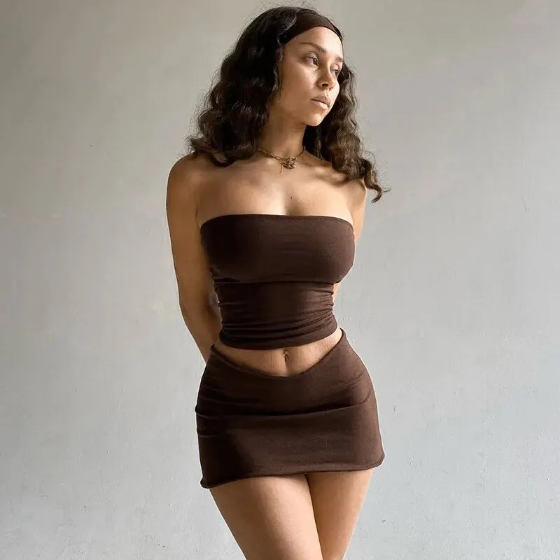 Hawthaw Women 2024 Summer Tube Tops Mini Skirts Party Club Two Piece Matching Sets Vacation Outfits Wholesale Items For Business thumbnail 5