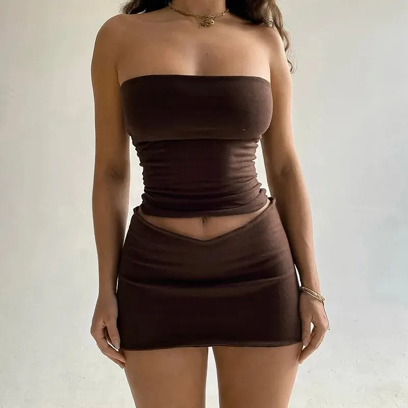 Hawthaw Women 2024 Summer Tube Tops Mini Skirts Party Club Two Piece Matching Sets Vacation Outfits Wholesale Items For Business thumbnail 4