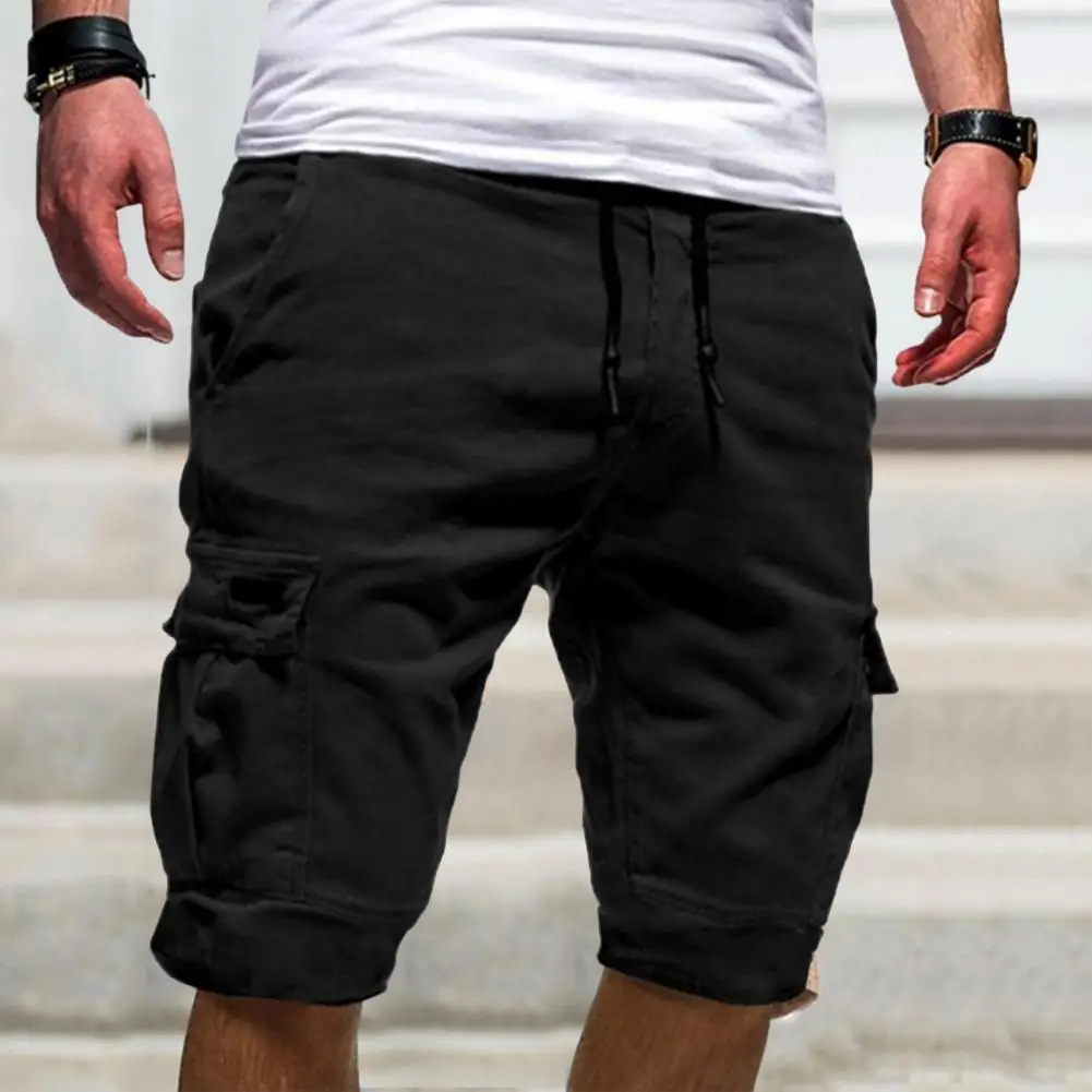 Mid-Rise Elastic Waistband Drawstring Men Shorts Solid Color Loose Fitness Cargo Shorts Multi Pockets Streetwear thumbnail 3