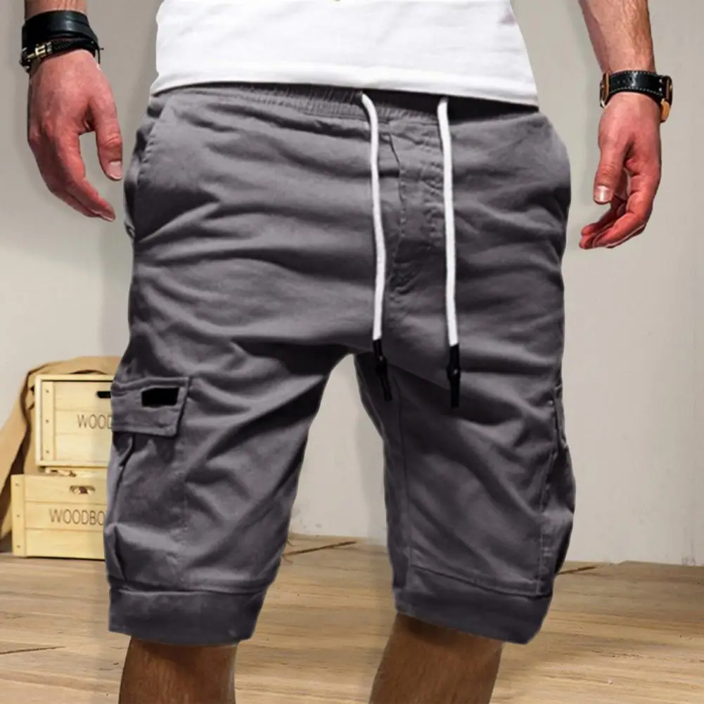Mid-Rise Elastic Waistband Drawstring Men Shorts Solid Color Loose Fitness Cargo Shorts Multi Pockets Streetwear thumbnail 2