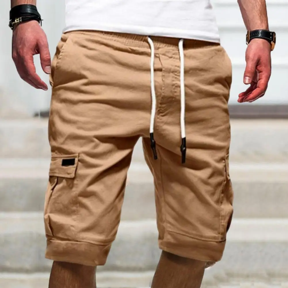 Mid-Rise Elastic Waistband Drawstring Men Shorts Solid Color Loose Fitness Cargo Shorts Multi Pockets Streetwear thumbnail 4