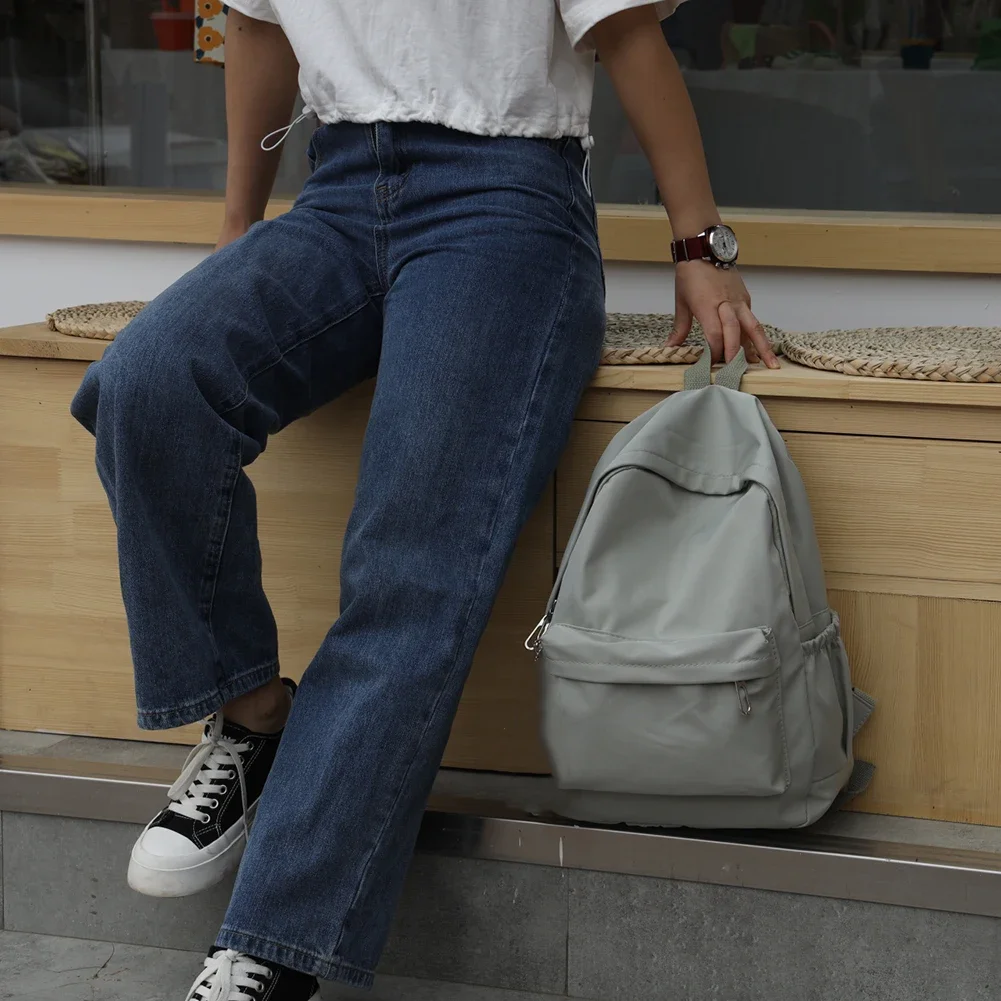Preppy Solid Color Shoulder Bag Nylon School Knapsack Korean Teenager White School Bag Sports Travel Backpack for Women thumbnail 2