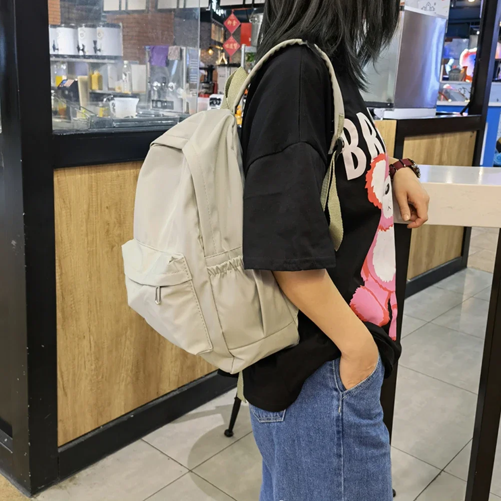 Preppy Solid Color Shoulder Bag Nylon School Knapsack Korean Teenager White School Bag Sports Travel Backpack for Women thumbnail 3