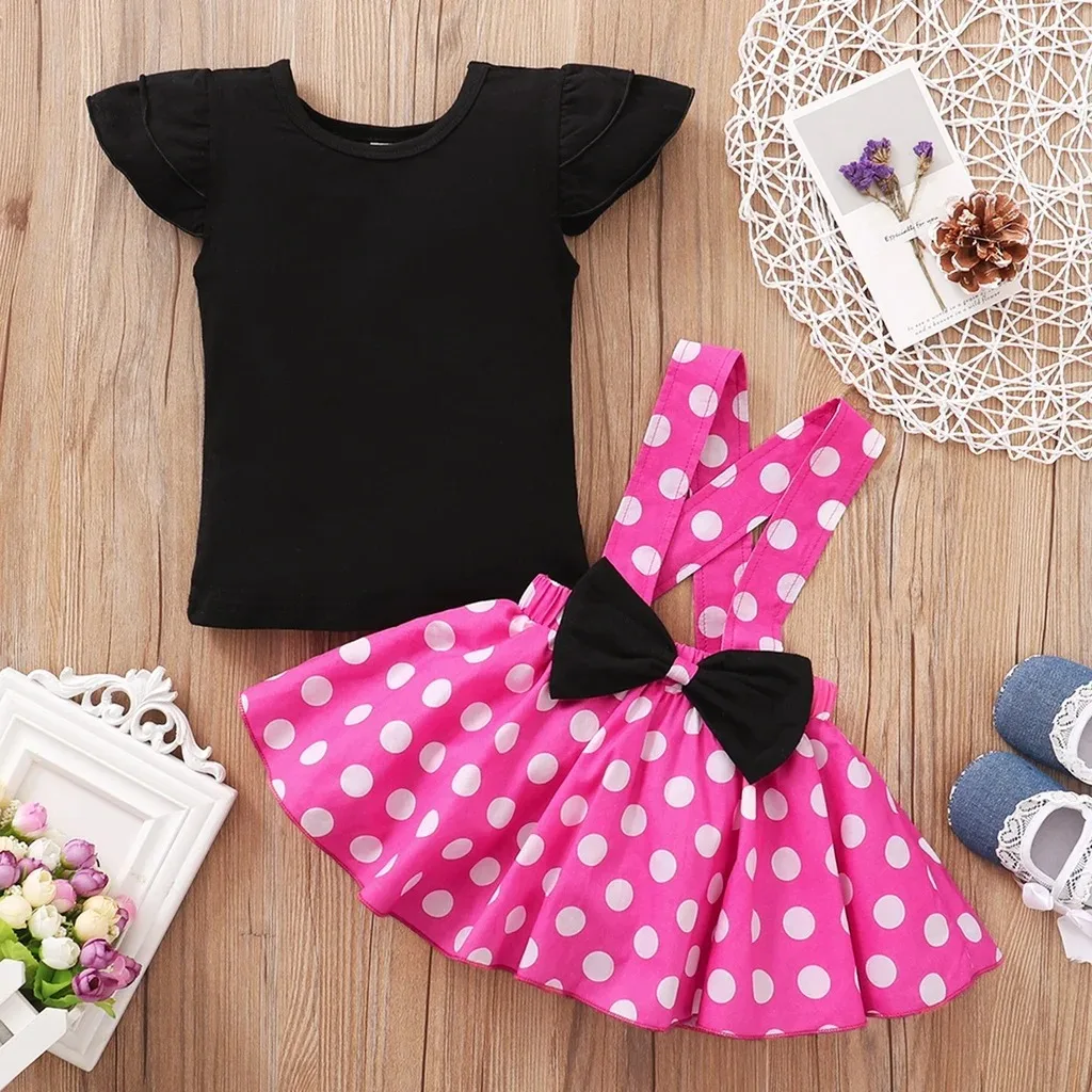 2PCS Summer Toddler Girls Cute Dress Set Short Sleeve Black T-shirt+Polka Dot Suspender Skirt Party Wear for Kid Girls 1-5 Years thumbnail 2