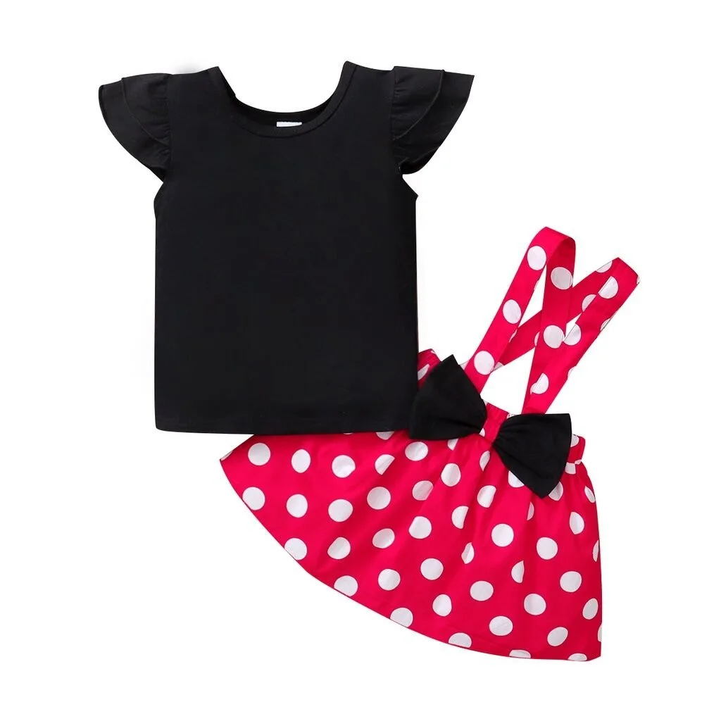 2PCS Summer Toddler Girls Cute Dress Set Short Sleeve Black T-shirt+Polka Dot Suspender Skirt Party Wear for Kid Girls 1-5 Years thumbnail 4
