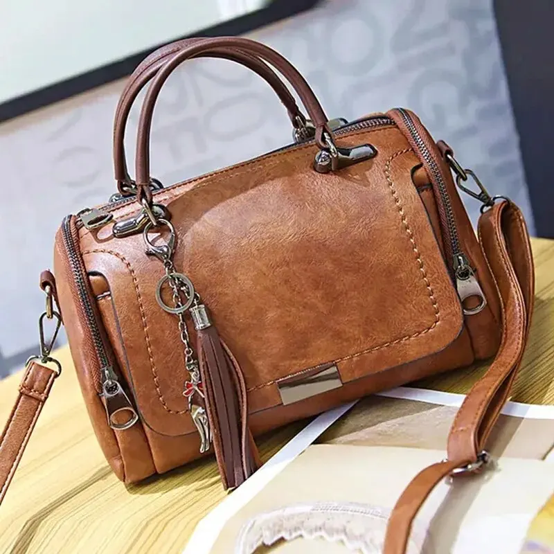 Tassel Decor Women's Large Capacity Shoulder Bag Fashion Zipper Crossbody Bag With Removable Strap Boston Handbag thumbnail 2