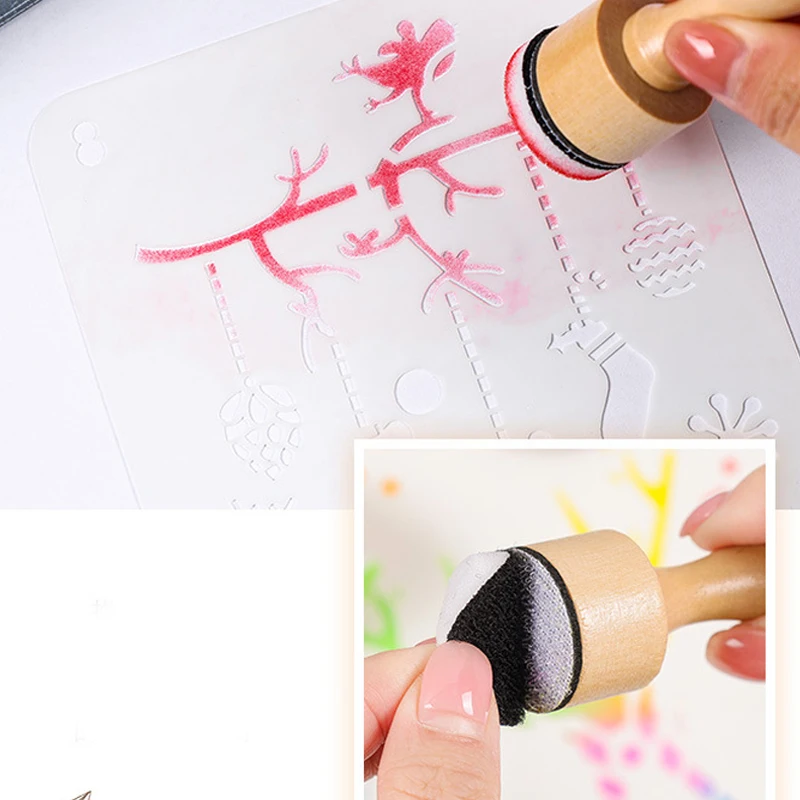Wood handle Coloring Sponge Seal Hollowed-out stencil Coloring tool Hand Ledger Printing diy Smudge tool (Handle *1+ sponge *2) thumbnail 4