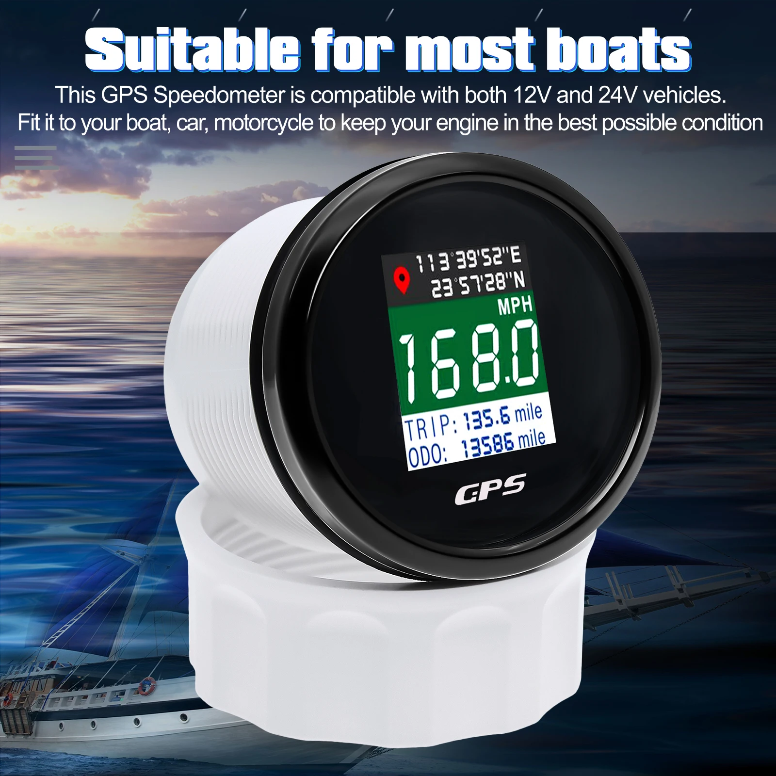 AD 52mm 12V 24V Digital GPS Speedometer TFT Screen Trip ODO Mph Knot Km/h GPS Antenna For Motor Boat Car RV Speed Meter thumbnail 3