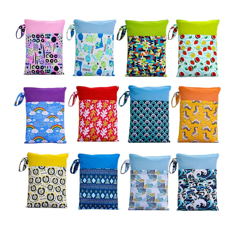 BIAI Beautiful Pattern Polyester Baby Waterproof Swimsuit Bag Double Pocket Baby Diaper Dry Mini Wet Bag Diaper Nappy Bag 25*35 thumbnail 2