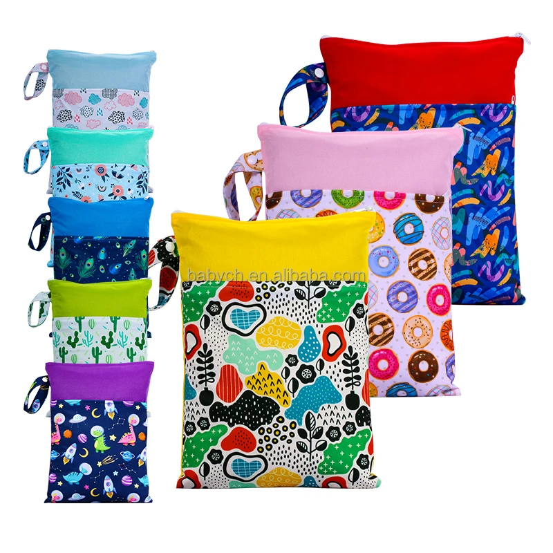 BIAI Beautiful Pattern Polyester Baby Waterproof Swimsuit Bag Double Pocket Baby Diaper Dry Mini Wet Bag Diaper Nappy Bag 25*35 thumbnail 4