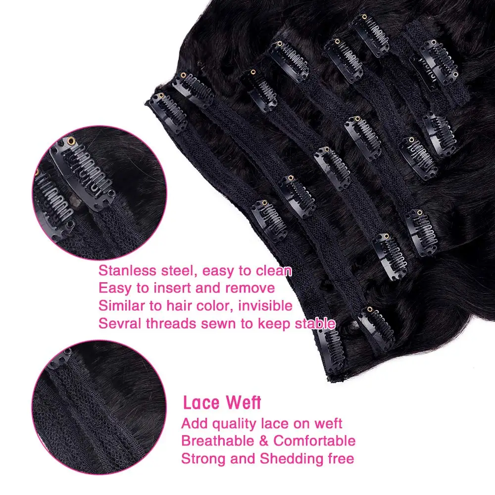 Body Wave Clip in Hair Extensions 100% Human Hair With Double Weft Brazilian Clip In 8Pcs 120G For Black Woman Clip Ins Hair #1B thumbnail 2