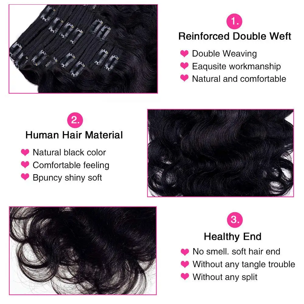 Body Wave Clip in Hair Extensions 100% Human Hair With Double Weft Brazilian Clip In 8Pcs 120G For Black Woman Clip Ins Hair #1B thumbnail 3