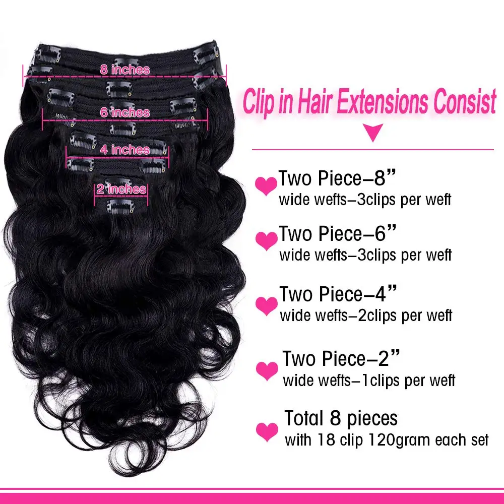 Body Wave Clip in Hair Extensions 100% Human Hair With Double Weft Brazilian Clip In 8Pcs 120G For Black Woman Clip Ins Hair #1B thumbnail 4