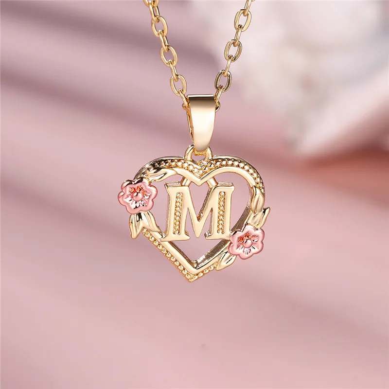 Female A-Z Letter Flower Pendant Necklace Yellow Gold Color Wedding Jewelry Gift For Women thumbnail 5