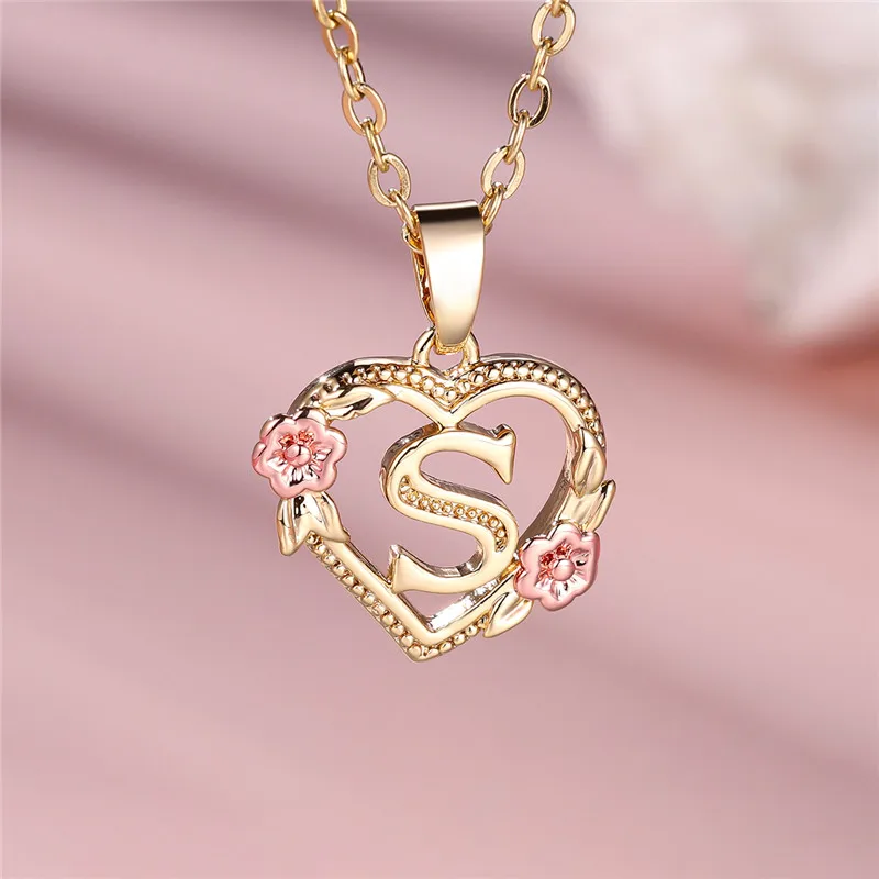 Female A-Z Letter Flower Pendant Necklace Yellow Gold Color Wedding Jewelry Gift For Women thumbnail 6