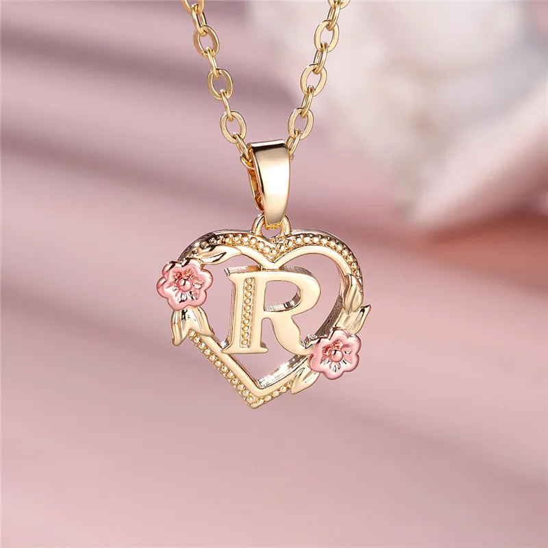 Female A-Z Letter Flower Pendant Necklace Yellow Gold Color Wedding Jewelry Gift For Women thumbnail 4