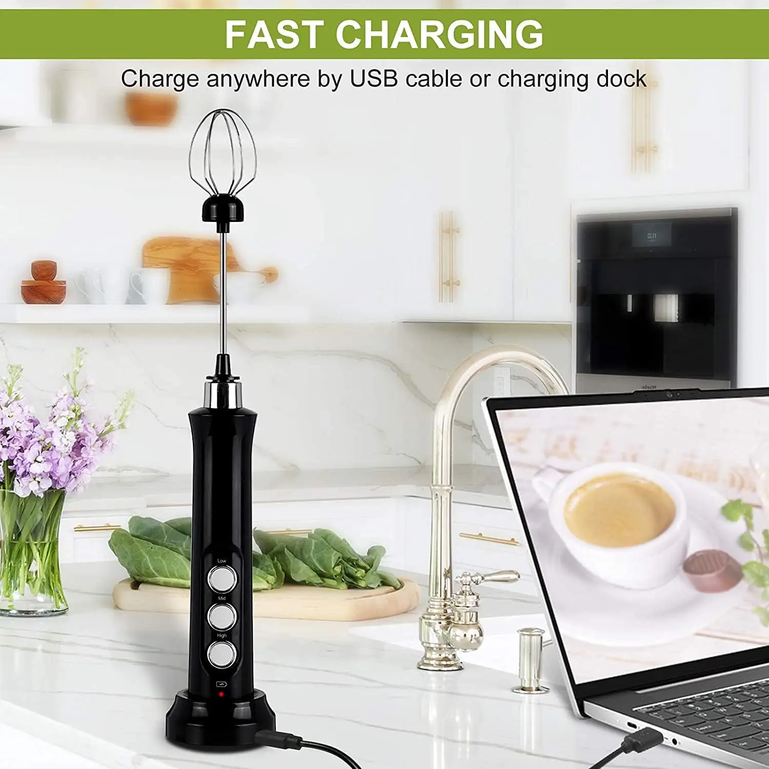 Wireless Rechargeable Electric Milk Frother - 3 Speeds, Handheld Foam Maker for Latte, Cappuccino, Hot Chocolate - USB Rechargea thumbnail 3