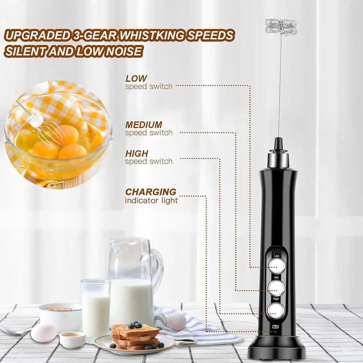 Wireless Rechargeable Electric Milk Frother - 3 Speeds, Handheld Foam Maker for Latte, Cappuccino, Hot Chocolate - USB Rechargea thumbnail 2