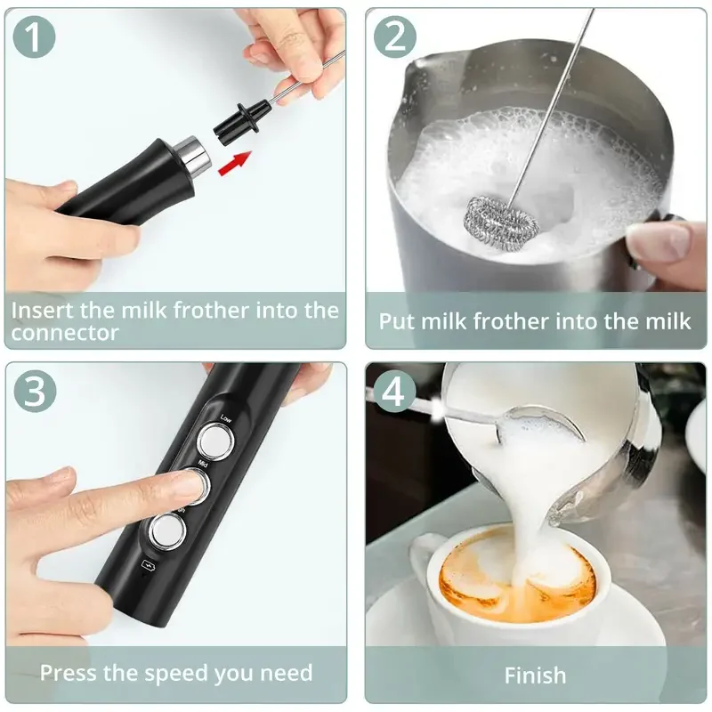 Wireless Rechargeable Electric Milk Frother - 3 Speeds, Handheld Foam Maker for Latte, Cappuccino, Hot Chocolate - USB Rechargea thumbnail 6