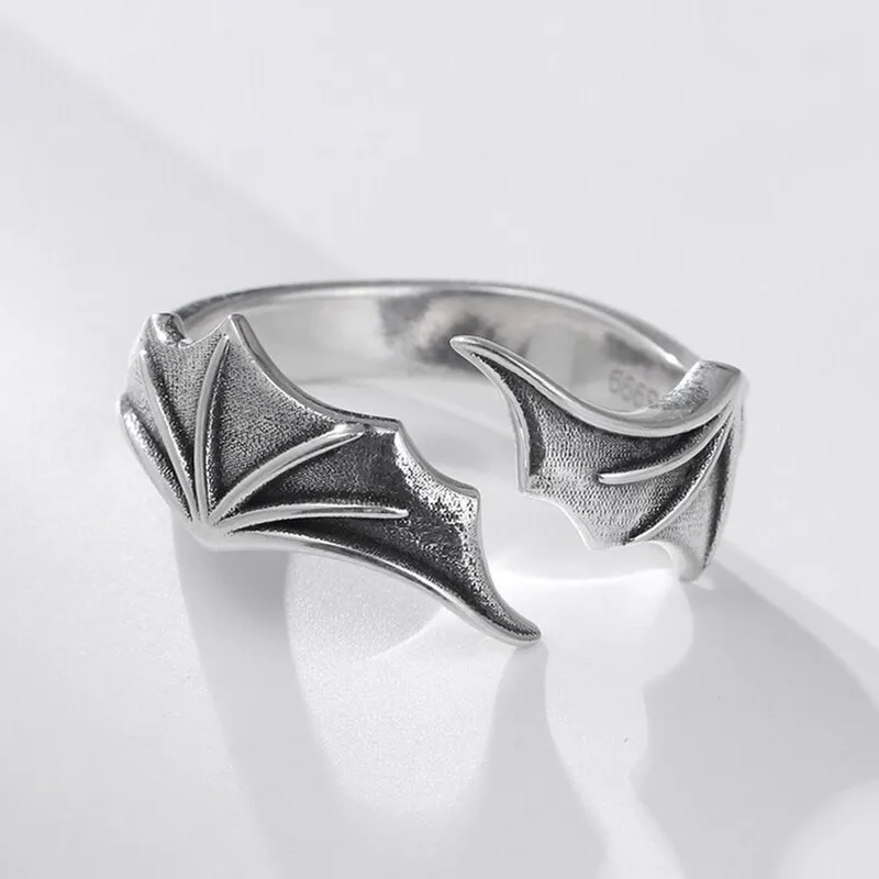 2pcs Vintage Angel Bat Wing Demon Eye Hip Hop Adjustable Couples Rings for Men Women Retro Silver Color Jewelry Party Daily thumbnail 2