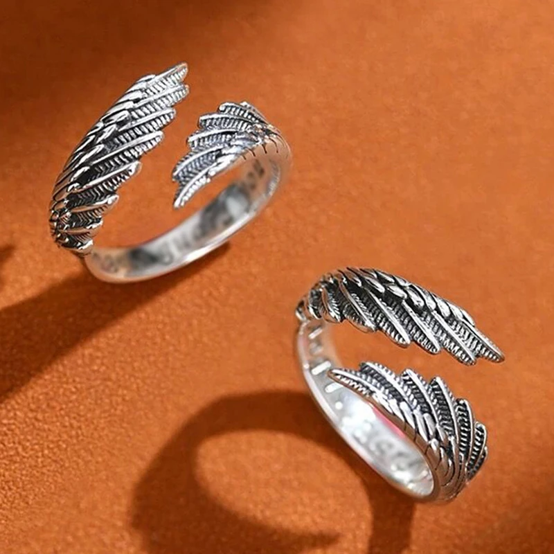 2pcs Vintage Angel Bat Wing Demon Eye Hip Hop Adjustable Couples Rings for Men Women Retro Silver Color Jewelry Party Daily