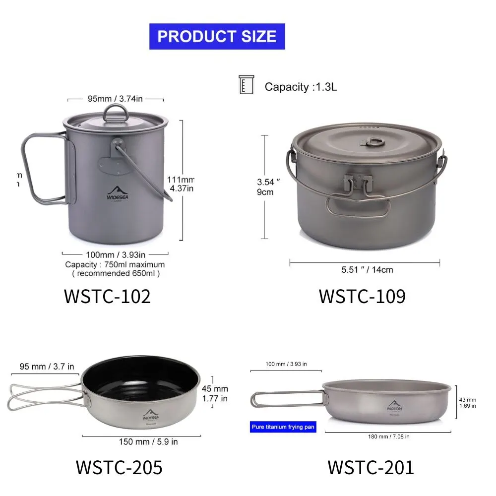 Widesea Camping Tableware Titanium Cookware Set Tourism Cauldron Outdoor Cooking Pot Frying Pan Picnic Kitchen Hiking Trekking thumbnail 2